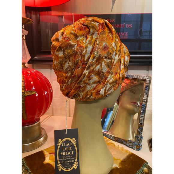 vintage 1960s orange and gold brocade turban 60s hat gathered metallic mod retro - Picture 3 of 7